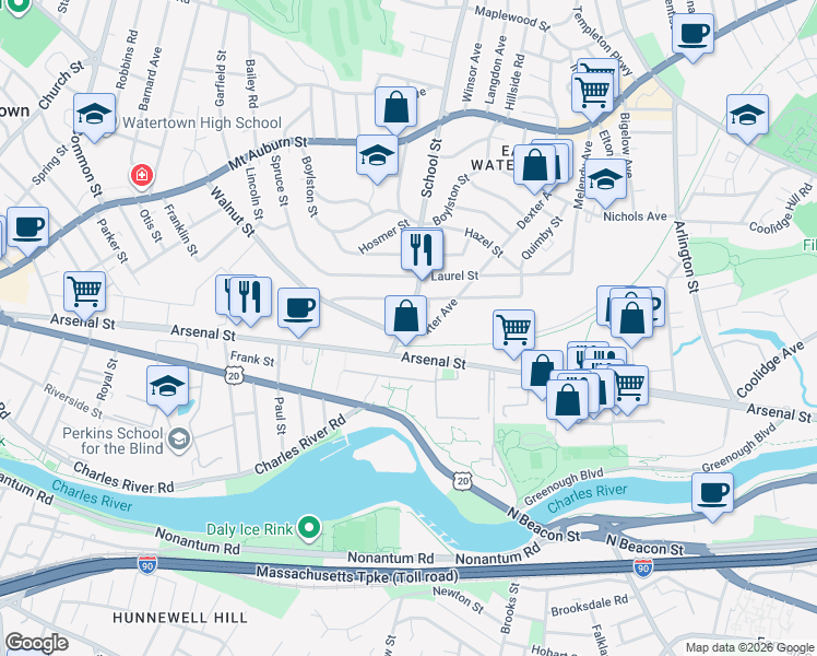 map of restaurants, bars, coffee shops, grocery stores, and more near 201 Dexter Avenue in Watertown