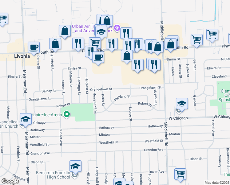 map of restaurants, bars, coffee shops, grocery stores, and more near 9930 Oporto Street in Livonia