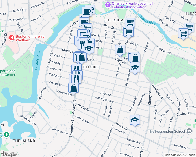 map of restaurants, bars, coffee shops, grocery stores, and more near 170 Brown Street in Waltham