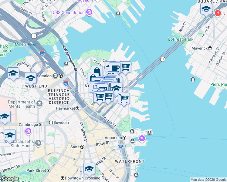 map of restaurants, bars, coffee shops, grocery stores, and more near 7 Fleet Street in Boston