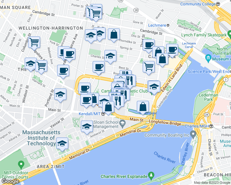 map of restaurants, bars, coffee shops, grocery stores, and more near 295 Third Street in Cambridge