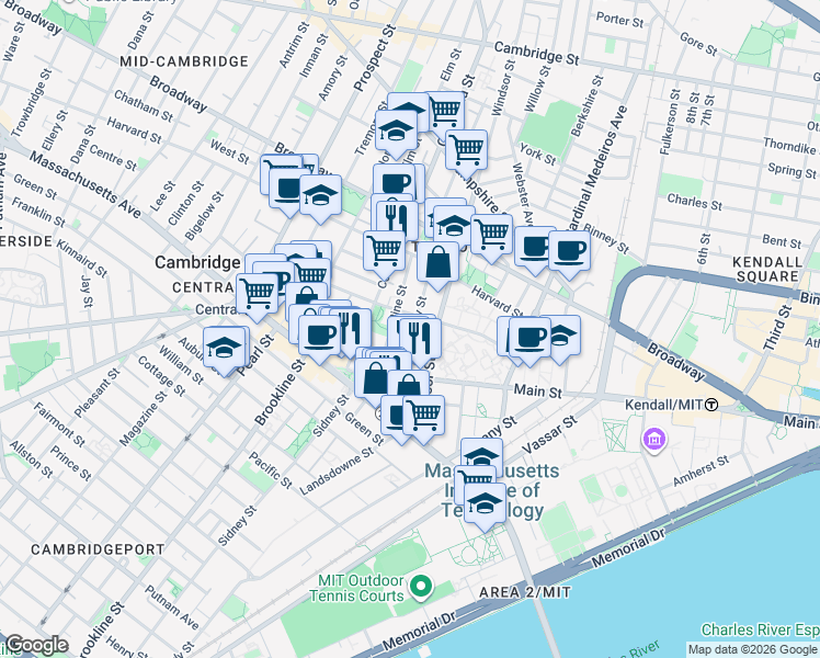 map of restaurants, bars, coffee shops, grocery stores, and more near 71 Cherry Street in Cambridge