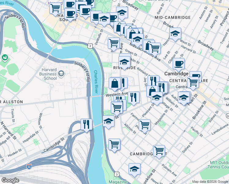 map of restaurants, bars, coffee shops, grocery stores, and more near Western Avenue in Cambridge
