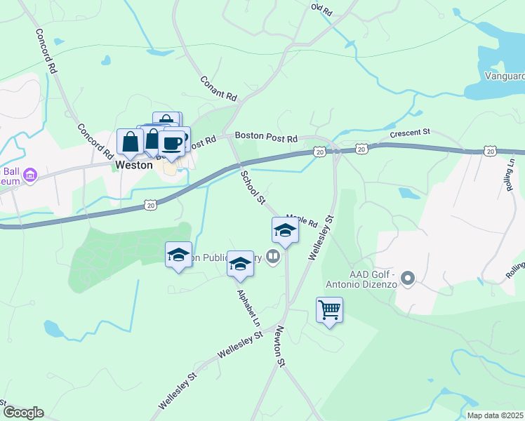 map of restaurants, bars, coffee shops, grocery stores, and more near 47 School Street in Weston