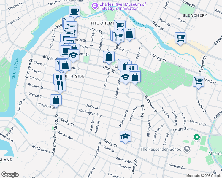 map of restaurants, bars, coffee shops, grocery stores, and more near 252 Ash Street in Waltham