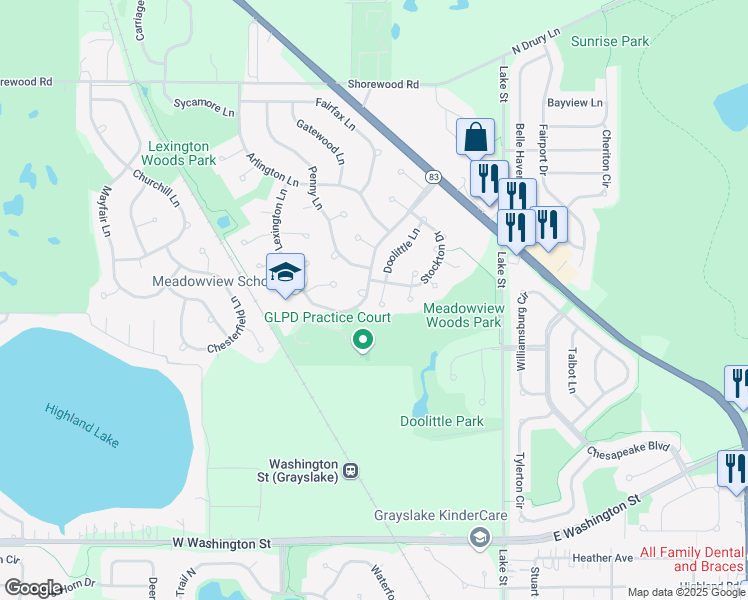 map of restaurants, bars, coffee shops, grocery stores, and more near 1366 Longchamps Court in Grayslake