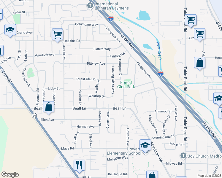 map of restaurants, bars, coffee shops, grocery stores, and more near 1282 Joshua Court in Central Point