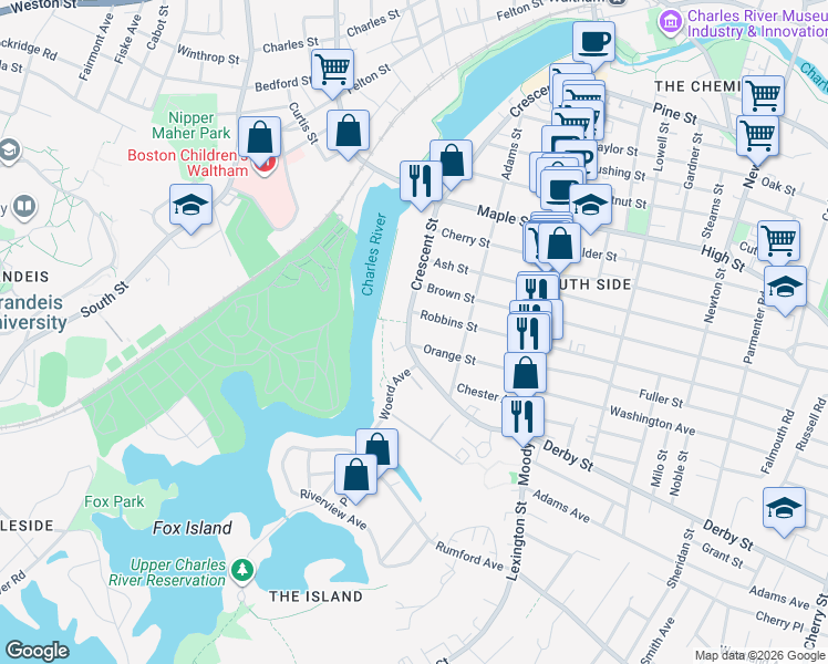 map of restaurants, bars, coffee shops, grocery stores, and more near 285 Crescent Street in Waltham