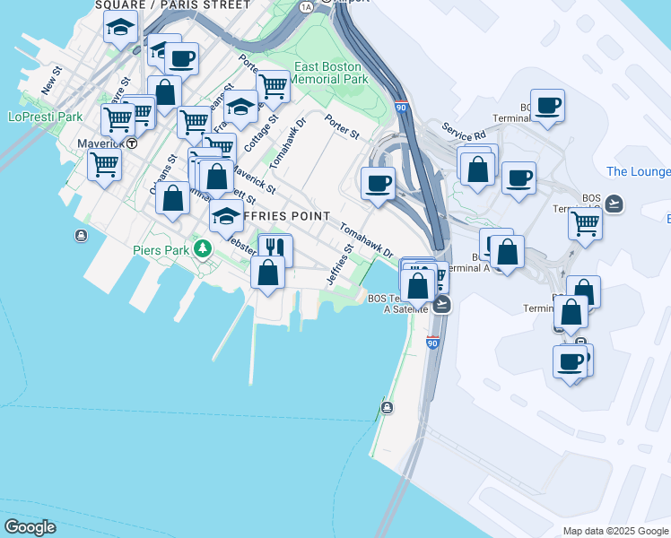 map of restaurants, bars, coffee shops, grocery stores, and more near 44 Jeffries Street in Boston
