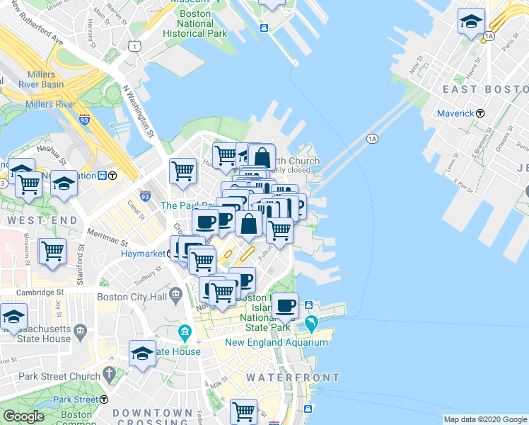 map of restaurants, bars, coffee shops, grocery stores, and more near 302-304 North Street in Boston