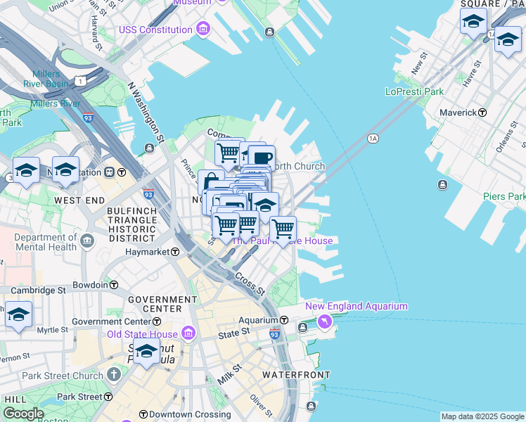 map of restaurants, bars, coffee shops, grocery stores, and more near 15-17 North Square in Boston