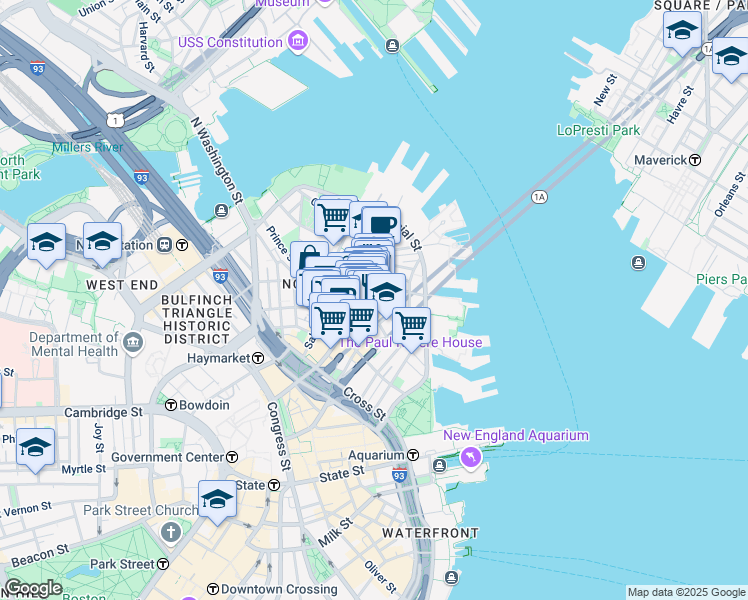 map of restaurants, bars, coffee shops, grocery stores, and more near 15-17 North Square in Boston