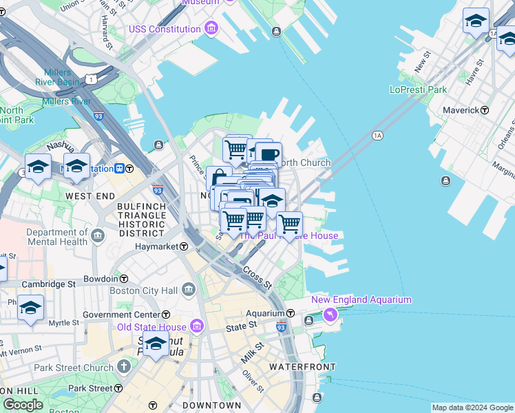 map of restaurants, bars, coffee shops, grocery stores, and more near 15-17 North Square in Boston
