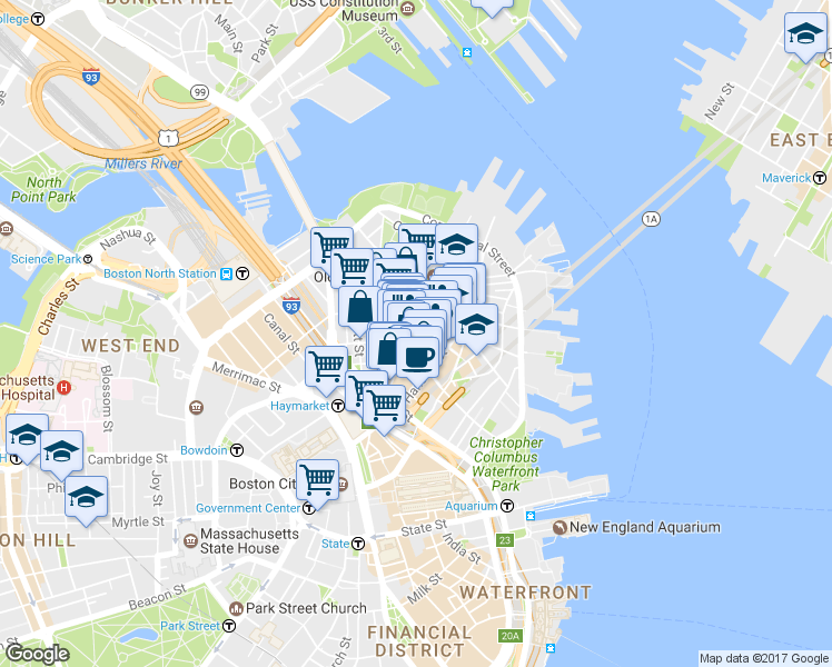 map of restaurants, bars, coffee shops, grocery stores, and more near in Boston