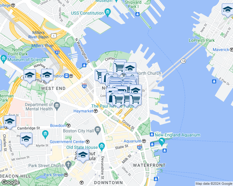 map of restaurants, bars, coffee shops, grocery stores, and more near in Boston