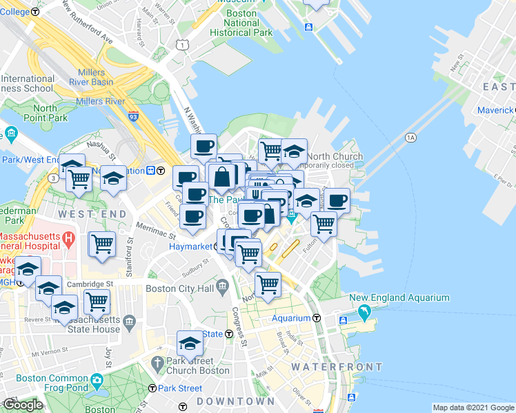 map of restaurants, bars, coffee shops, grocery stores, and more near 21 Cooper Street in Boston