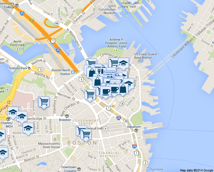 map of restaurants, bars, coffee shops, grocery stores, and more near 21 Cooper Street in Boston