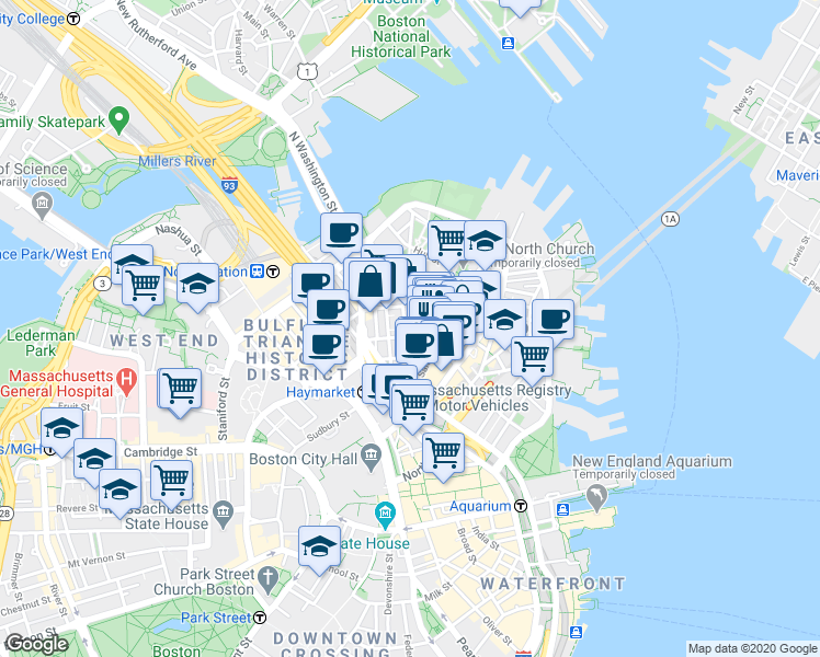 map of restaurants, bars, coffee shops, grocery stores, and more near 21 Cooper Street in Boston