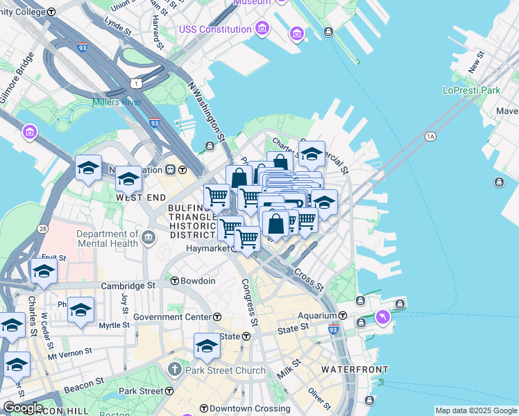 map of restaurants, bars, coffee shops, grocery stores, and more near 21 Cooper Street in Boston