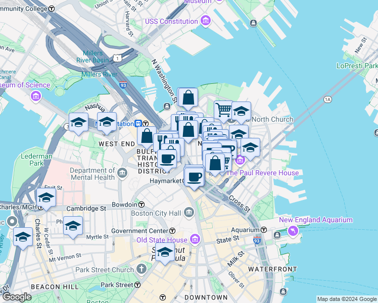 map of restaurants, bars, coffee shops, grocery stores, and more near 49 North Washington Street in Boston