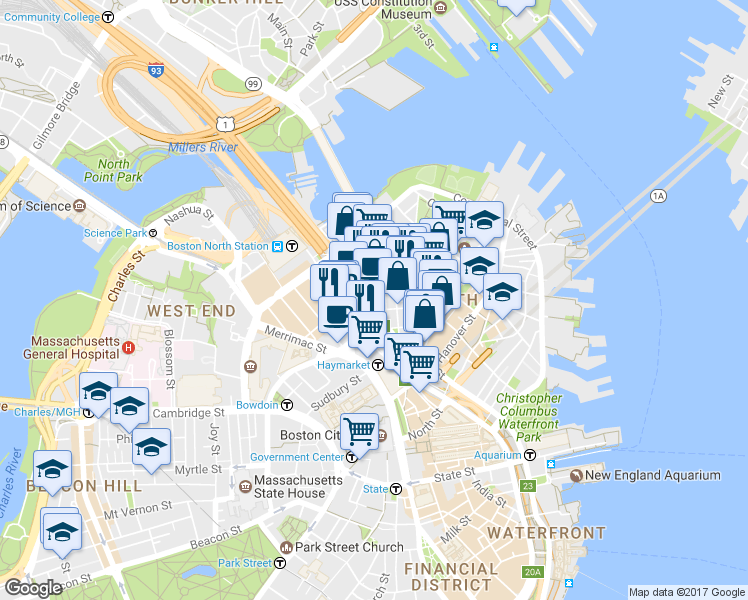 map of restaurants, bars, coffee shops, grocery stores, and more near 49 North Washington Street in Boston