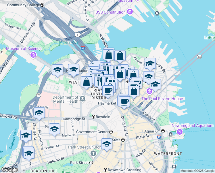 map of restaurants, bars, coffee shops, grocery stores, and more near in Boston