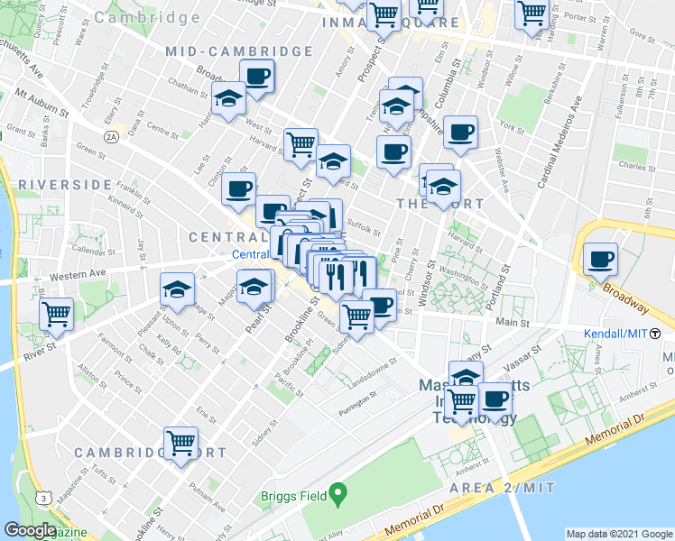 map of restaurants, bars, coffee shops, grocery stores, and more near 39 Bishop Richard Allen Drive in Cambridge