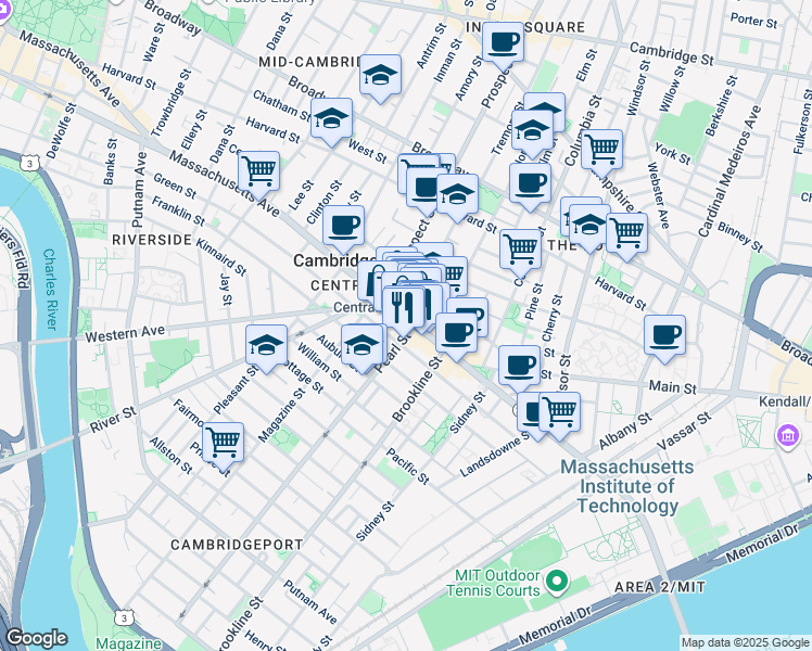 map of restaurants, bars, coffee shops, grocery stores, and more near in Cambridge