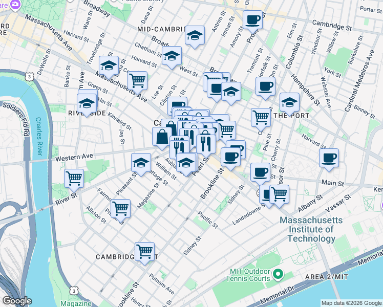 map of restaurants, bars, coffee shops, grocery stores, and more near in Cambridge