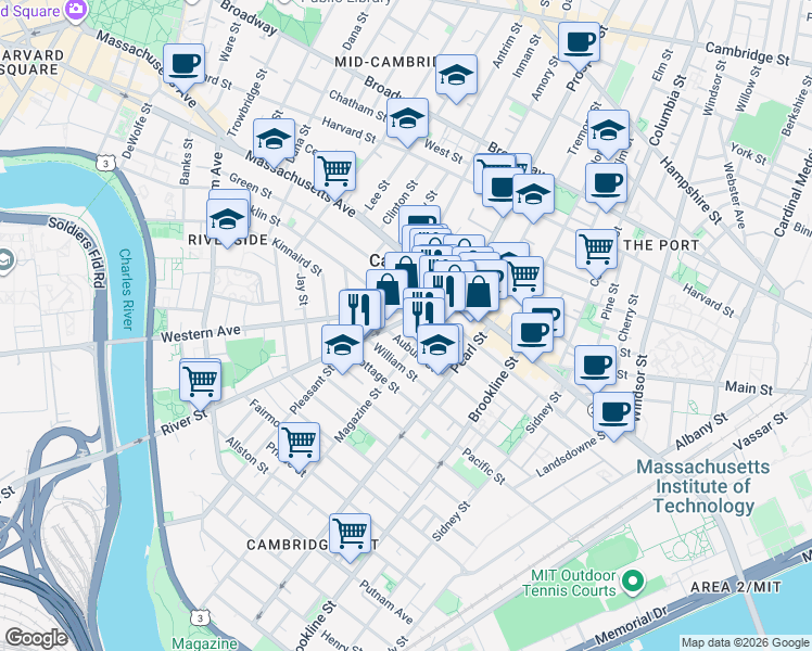 map of restaurants, bars, coffee shops, grocery stores, and more near 199 Auburn Street in Cambridge