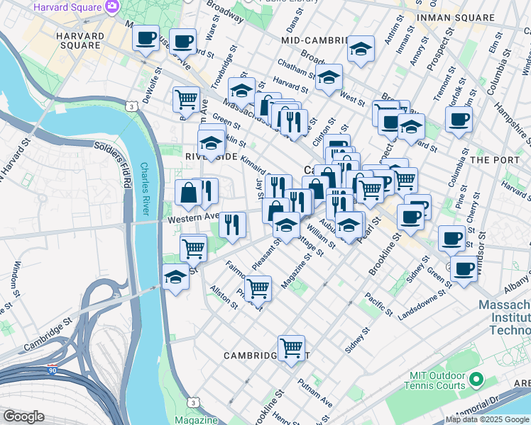 map of restaurants, bars, coffee shops, grocery stores, and more near 13 Kinnaird Street in Cambridge
