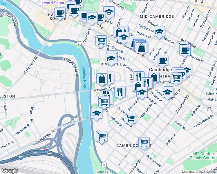 map of restaurants, bars, coffee shops, grocery stores, and more near 336 Western Avenue in Cambridge