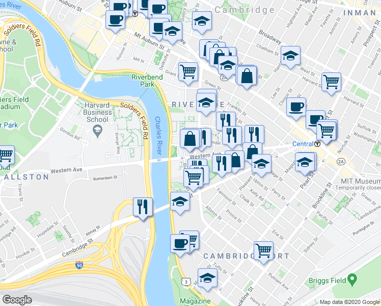 map of restaurants, bars, coffee shops, grocery stores, and more near 381-383 Western Avenue in Cambridge