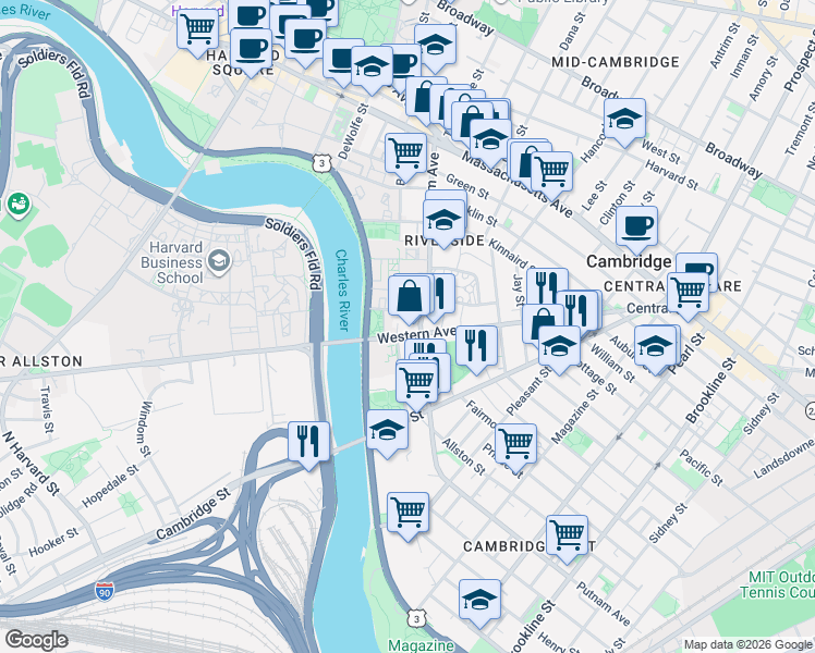 map of restaurants, bars, coffee shops, grocery stores, and more near Western Avenue in Cambridge