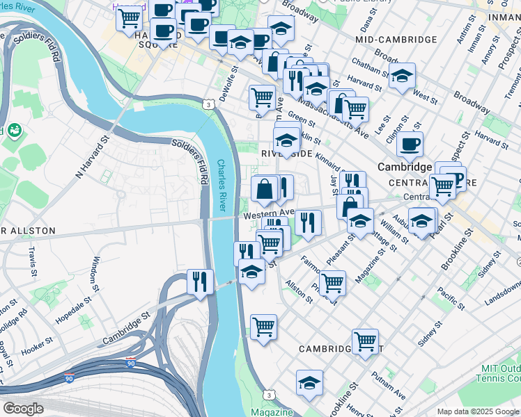 map of restaurants, bars, coffee shops, grocery stores, and more near 381-383 Western Avenue in Cambridge