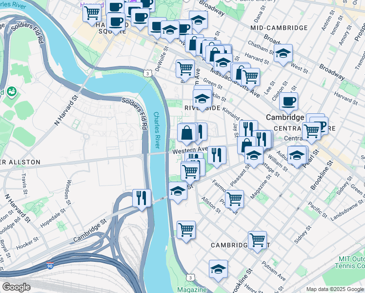 map of restaurants, bars, coffee shops, grocery stores, and more near 381-383 Western Avenue in Cambridge