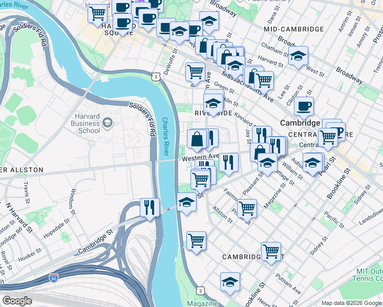 map of restaurants, bars, coffee shops, grocery stores, and more near 381-383 Western Avenue in Cambridge