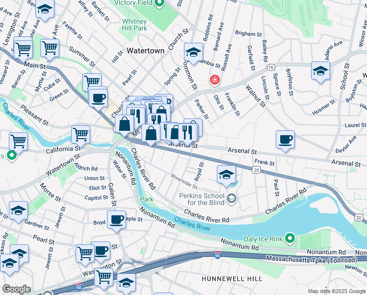 map of restaurants, bars, coffee shops, grocery stores, and more near 60 North Beacon Street in Watertown