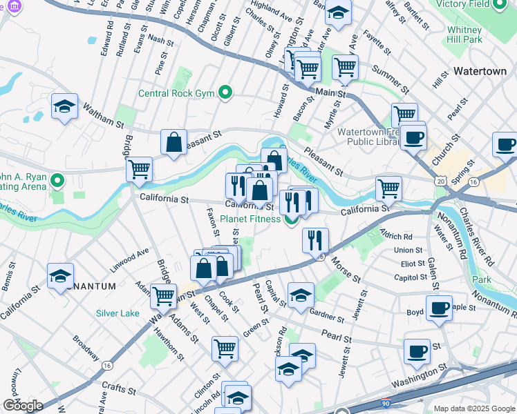 map of restaurants, bars, coffee shops, grocery stores, and more near 194 California Street in Newton