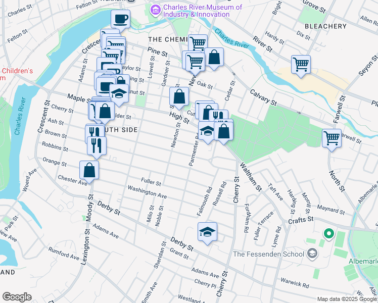 map of restaurants, bars, coffee shops, grocery stores, and more near 266 Ash Street in Waltham