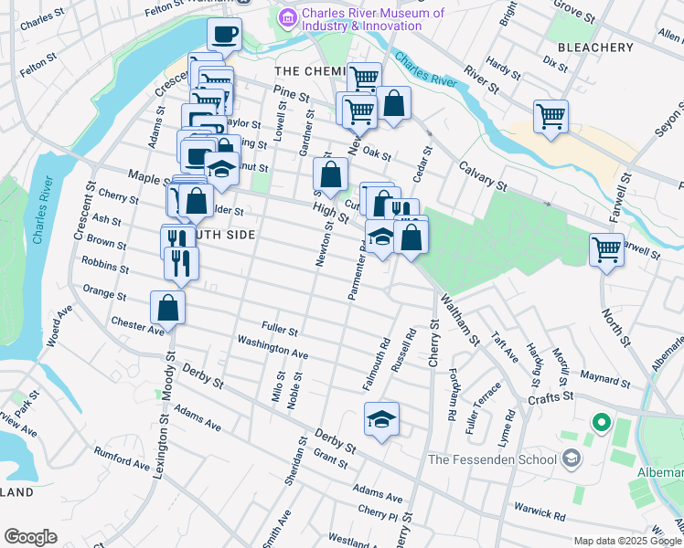 map of restaurants, bars, coffee shops, grocery stores, and more near 266 Ash Street in Waltham