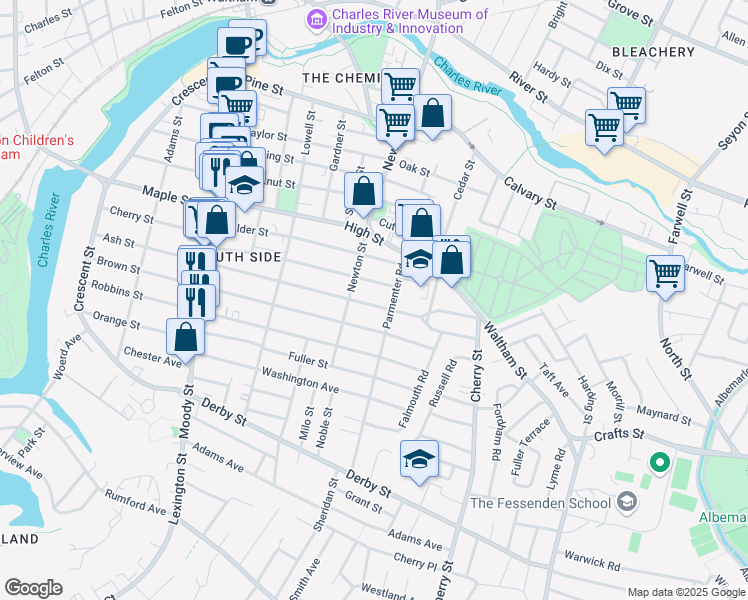 map of restaurants, bars, coffee shops, grocery stores, and more near 266 Ash Street in Waltham