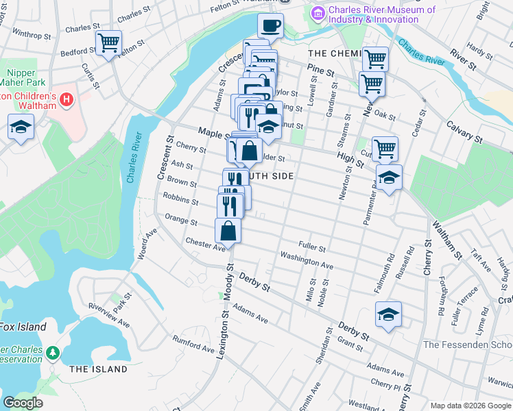 map of restaurants, bars, coffee shops, grocery stores, and more near 116 Robbins Street in Waltham