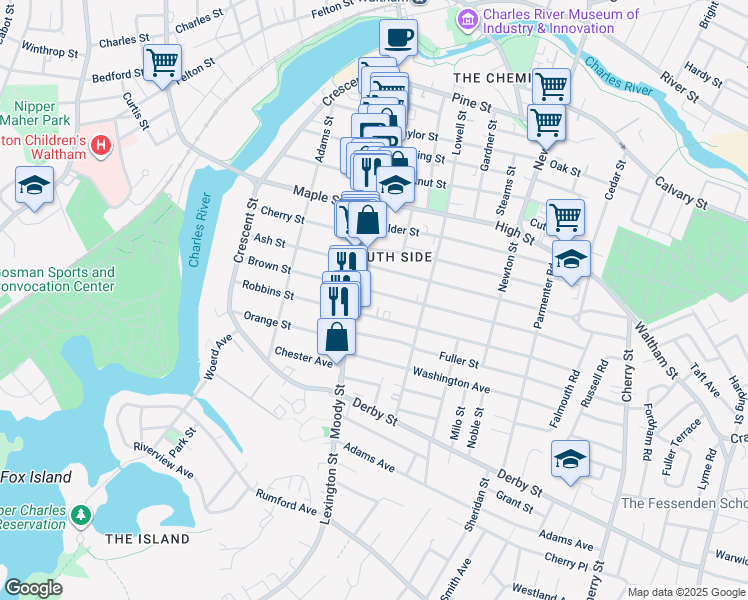 map of restaurants, bars, coffee shops, grocery stores, and more near 116 Robbins Street in Waltham