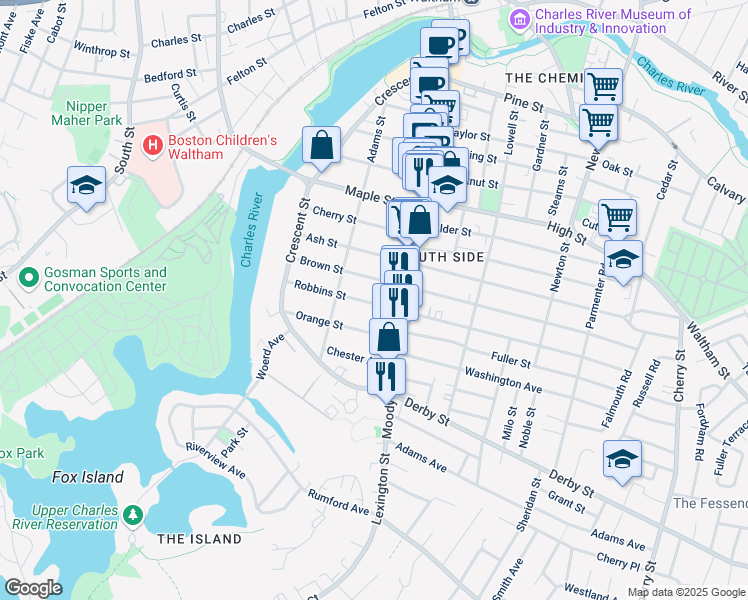 map of restaurants, bars, coffee shops, grocery stores, and more near 85 Robbins Street in Waltham