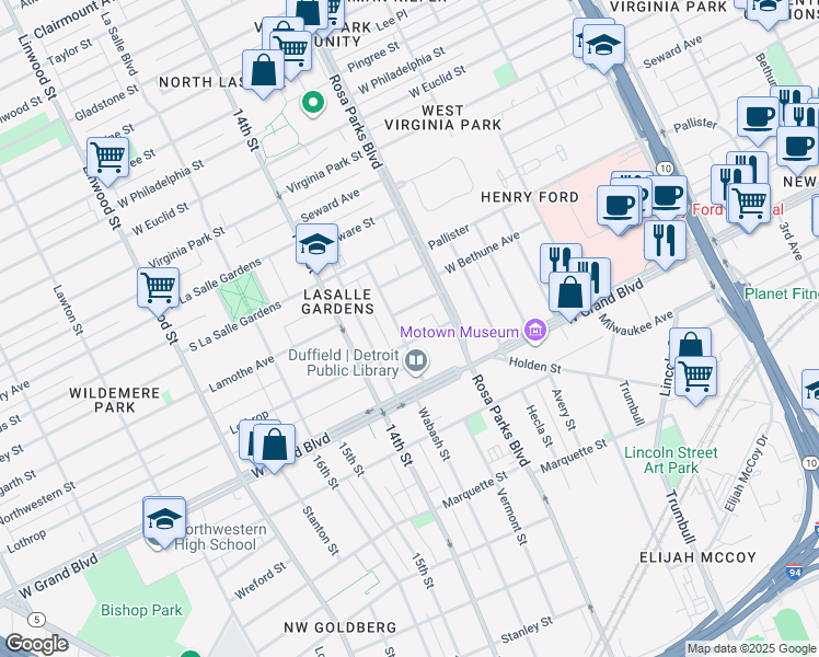 map of restaurants, bars, coffee shops, grocery stores, and more near 7427 Dunedin Street in Detroit