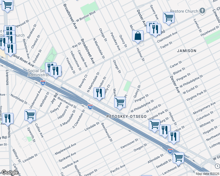 map of restaurants, bars, coffee shops, grocery stores, and more near 8864 Kimberly Court in Detroit