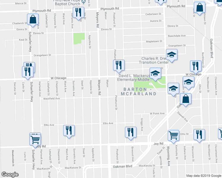 map of restaurants, bars, coffee shops, grocery stores, and more near 9337 Pinehurst Street in Detroit