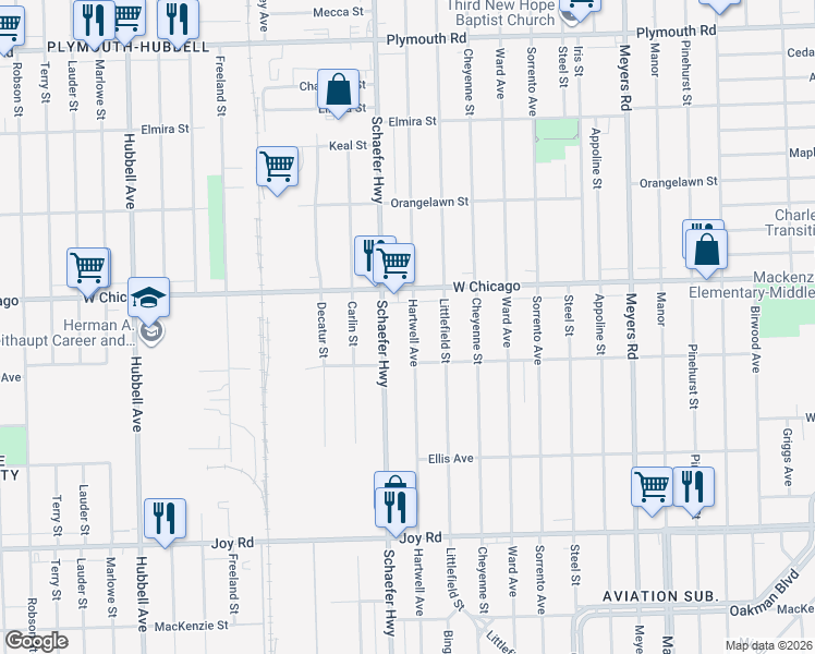 map of restaurants, bars, coffee shops, grocery stores, and more near 9353 Hartwell Avenue in Detroit