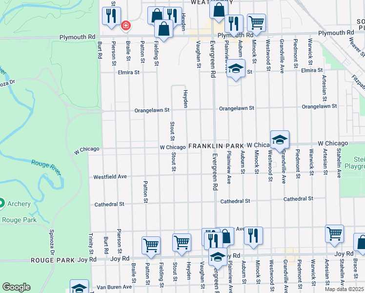map of restaurants, bars, coffee shops, grocery stores, and more near 20201 West Chicago in Detroit
